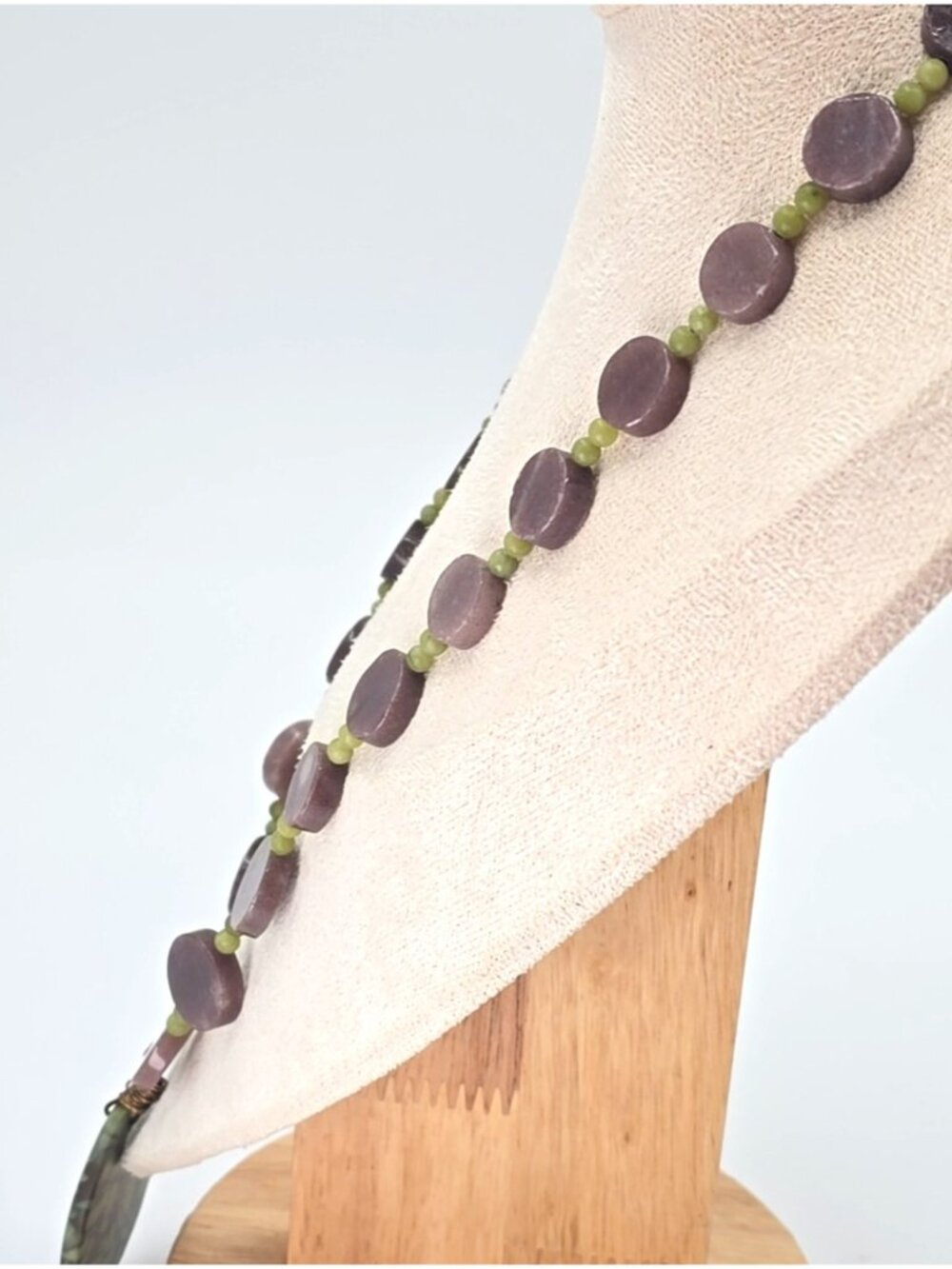 Artisan Natural Stone Statement Necklace Purple Green Beaded Pendant Boho Earthy - Picture 9 of 11